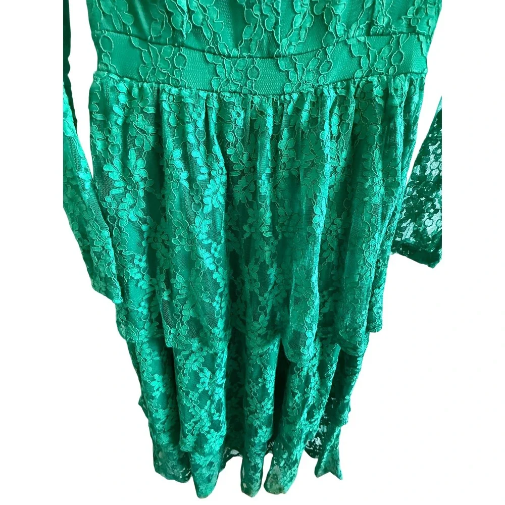 NSR Emerald Green Lace Tiered Midi Dress V-Neck S Romantic Whimsygoth Fairy